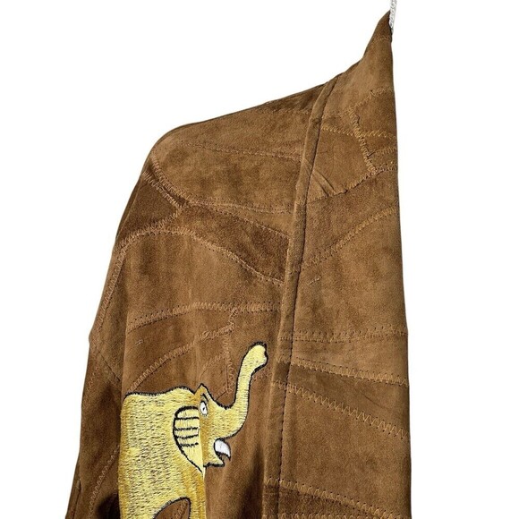 The African Star Long Suede Leather Coat Belted Embroidered Elephants XL Vintage - Picture 6 of 16